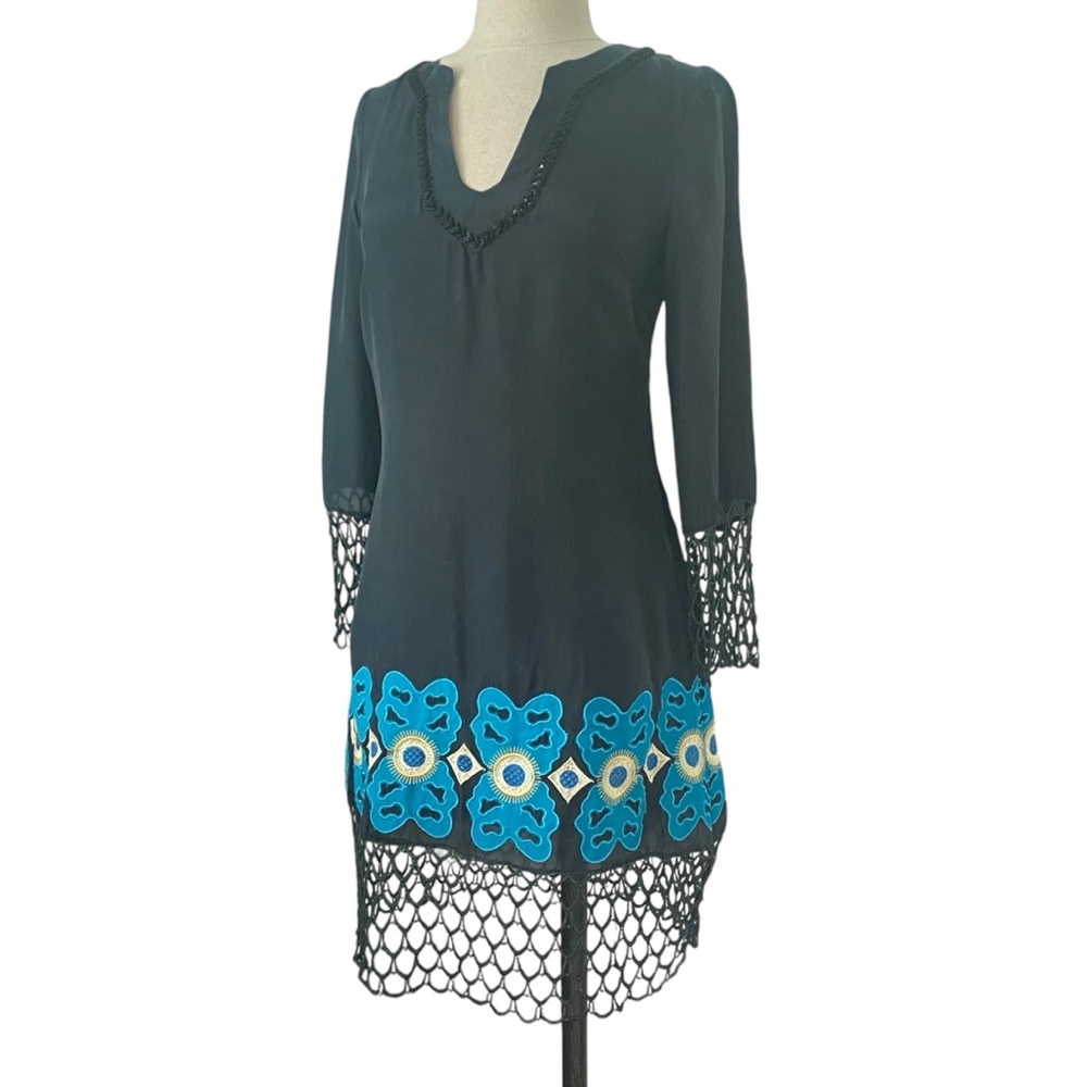 Anna Sui 100% Black Silk 3/4 Sleeve Dress size S w/ Crochet Fishnet Trim